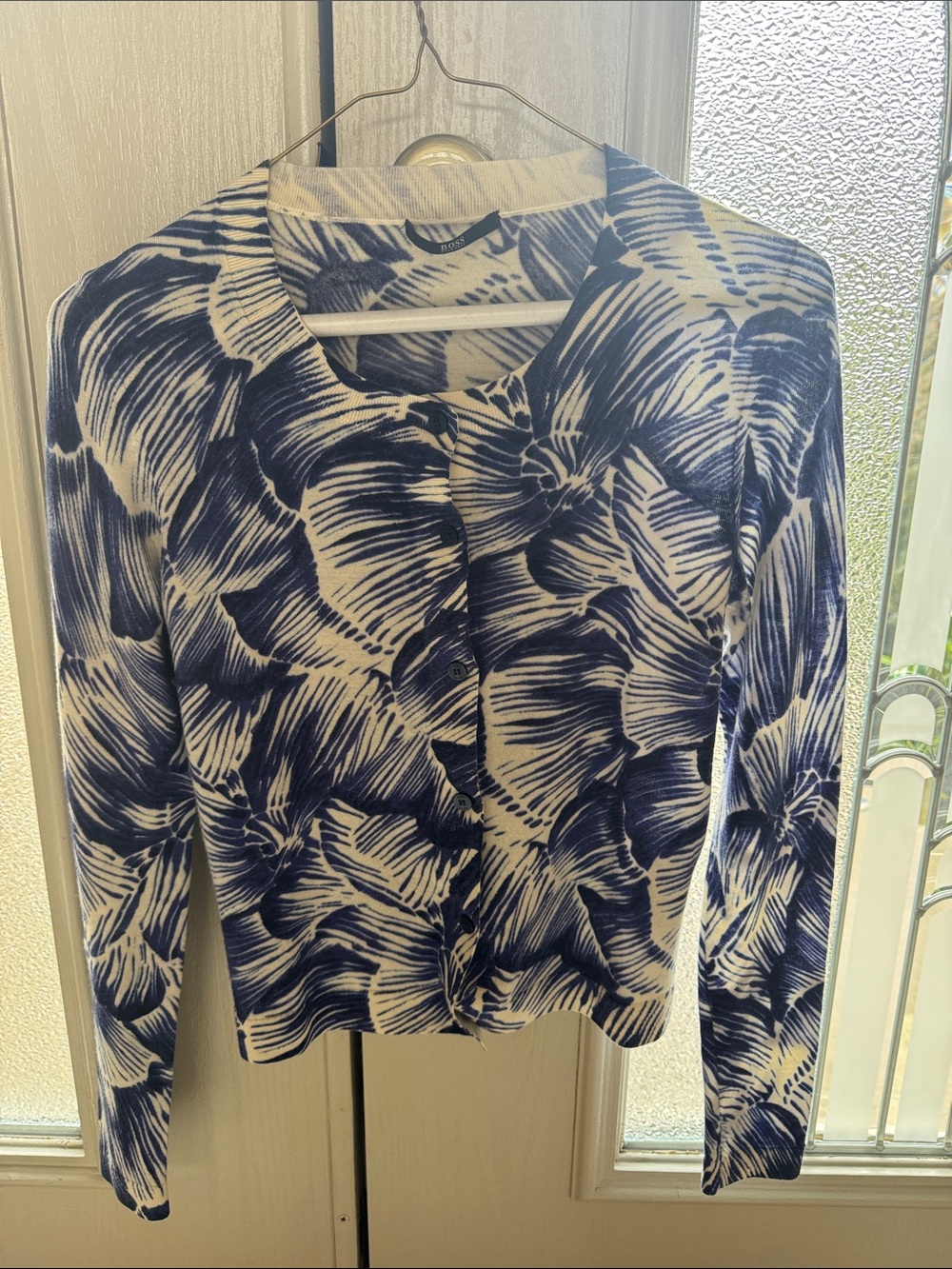 Boss Blue and White Floral-Print Cardigan